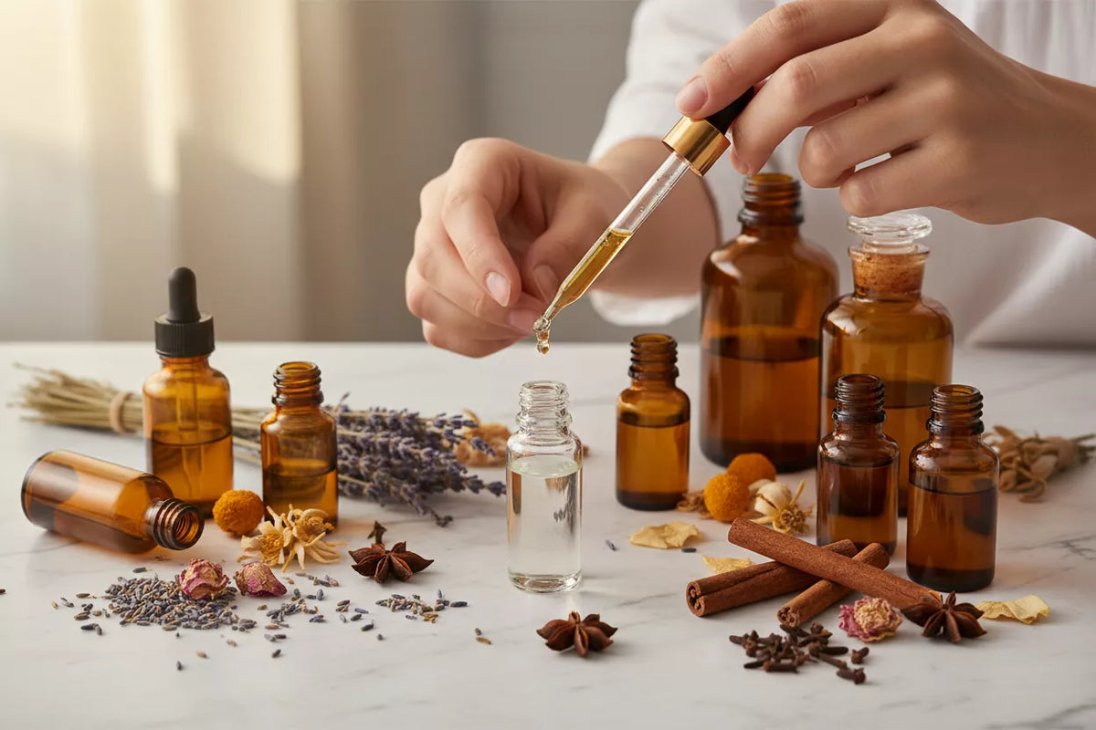 Dłonie master perfumera odmierzającego krople zapachu do flakonika – kulisy tworzenia perfum