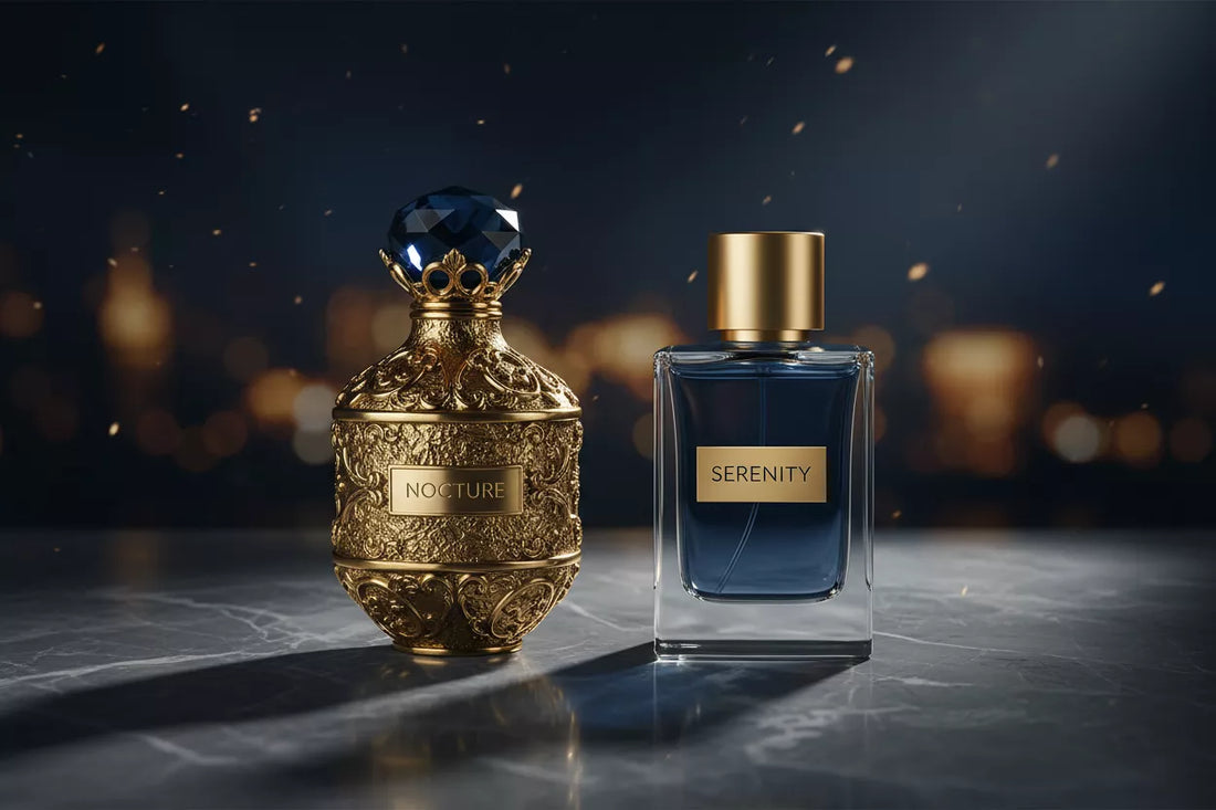 Dwa flakony perfum obok siebie – luksusowy oryginał i jego tańszy odpowiednik, ilustracja pojęcia dupe perfum