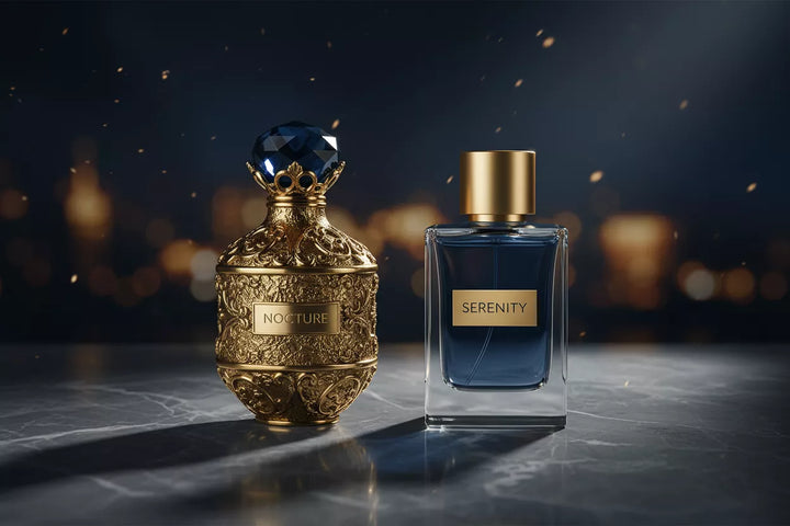 Dwa flakony perfum obok siebie – luksusowy oryginał i jego tańszy odpowiednik, ilustracja pojęcia dupe perfum