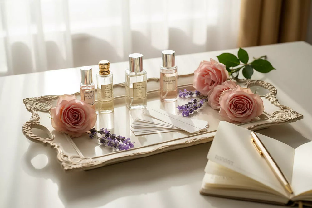 Elegancka stacja do testowania odlewek perfum z tacą, próbkami zapachów, notatnikiem i kwiatami