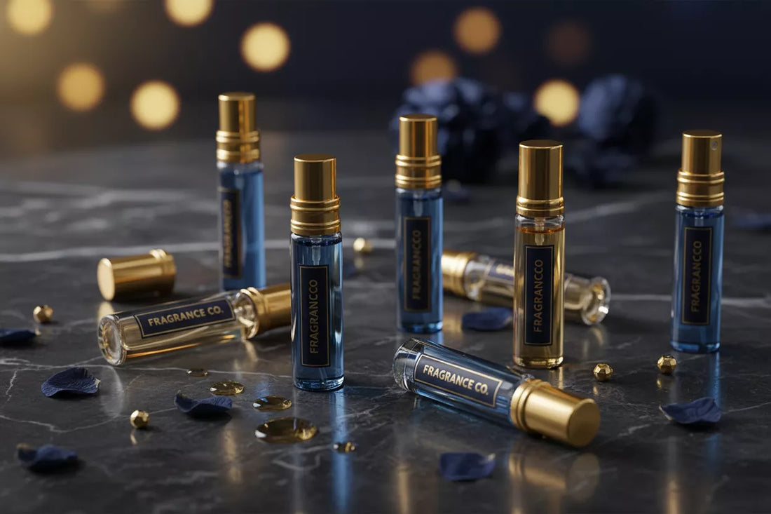Małe fiolki z odlewkami perfum ułożone elegancko na ciemnym marmurze – ilustracja pojęcia odlewki perfum