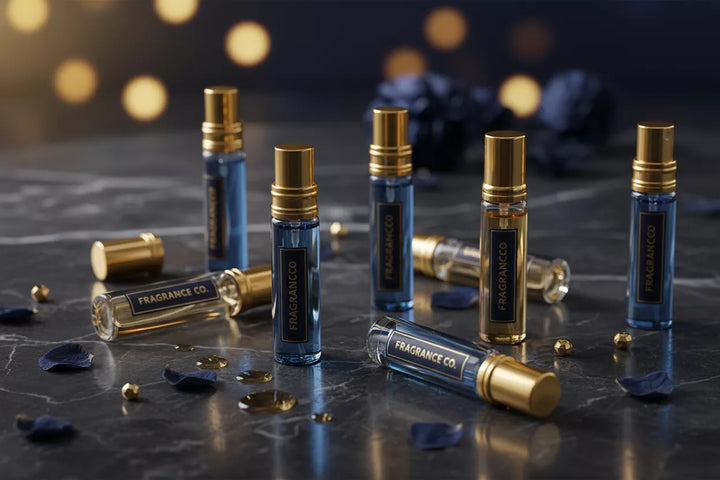 Małe fiolki z odlewkami perfum ułożone elegancko na ciemnym marmurze – ilustracja pojęcia odlewki perfum