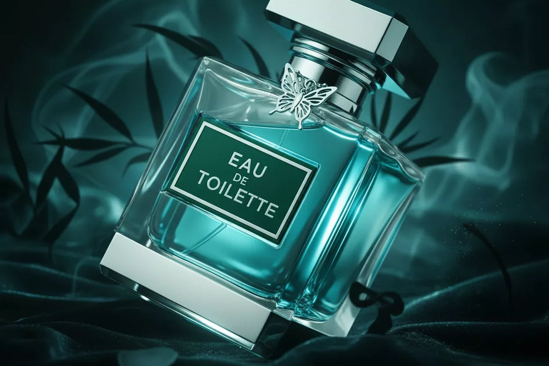 Flakon Eau de Toilette na ciemnym tle z zielono-niebieskim dymem – ilustracja pojęcia EDT w perfumerii