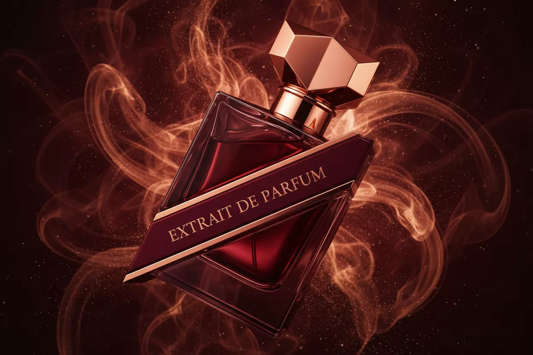 Flakon Extrait de Parfum w odcieniach burgunda i miedzi na ciemnym tle – ilustracja pojęcia ekstraktu perfum