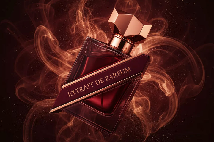 Flakon Extrait de Parfum w odcieniach burgunda i miedzi na ciemnym tle – ilustracja pojęcia ekstraktu perfum