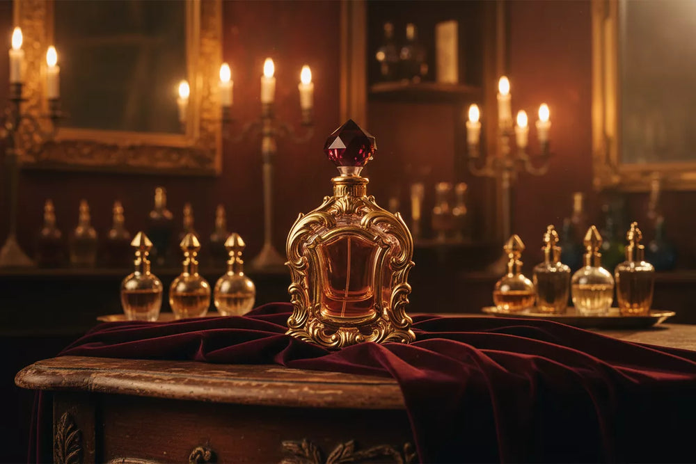 Luksusowy flakon perfum Guerlain na ciemnym aksamicie – odlewki Guerlain w Perfumesso