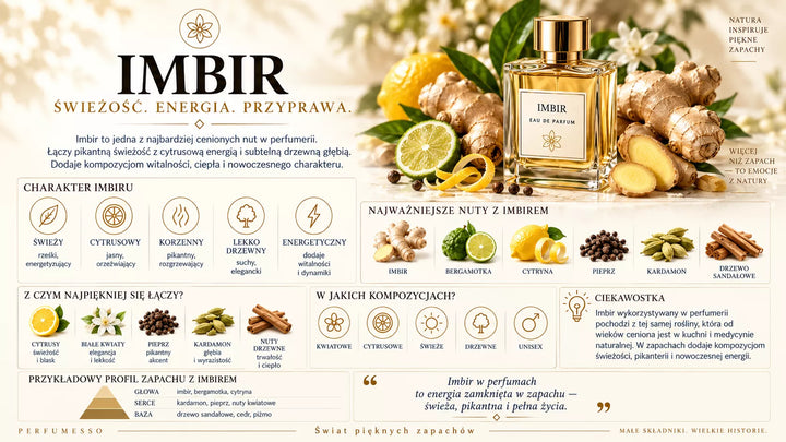 Imbir – kłącze Zingiber officinale o świeżym, cytrusowym i korzennym zapachu, popularna nuta perfumeryjna