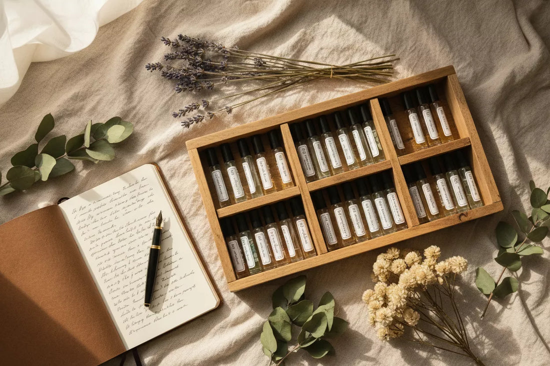 Kolekcja odlewek perfum ułożona w drewnianej tacy z suszonymi kwiatami – capsule wardrobe zapachowa