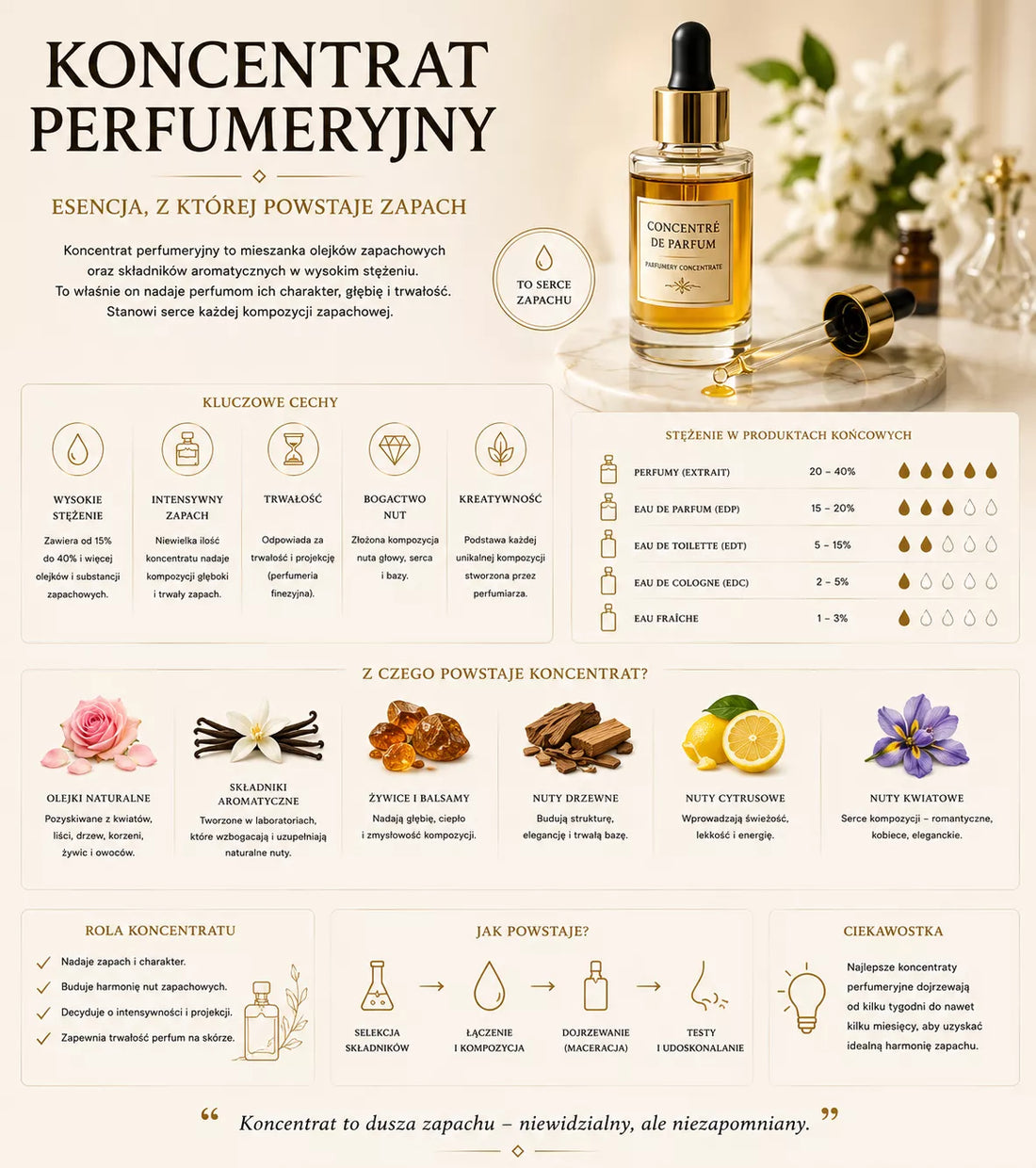 Koncentrat perfumeryjny – mieszanina składników zapachowych stanowiąca serce kompozycji perfum
