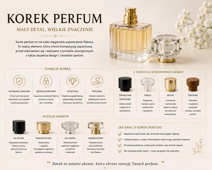 Korek perfum – element ochronny i estetyczny flakonu, często magnetyczny lub metalowy