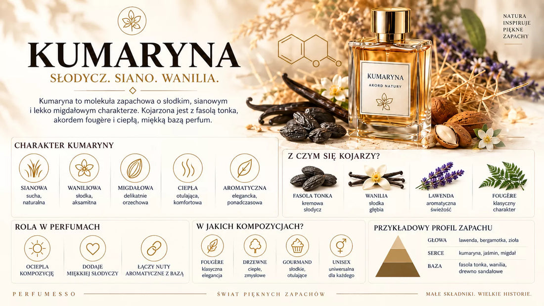 Kumaryna – słodka, sianowa molekuła zapachowa kojarzona z fasolą tonka, klasyczny składnik perfum fougere