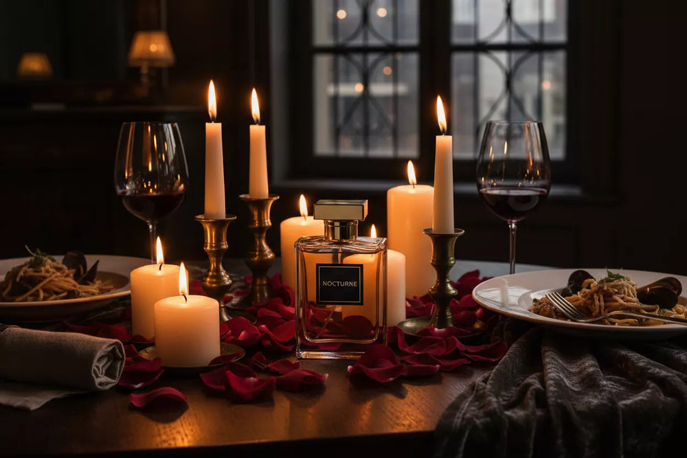 Męskie perfumy na randkę 2026 – elegancka butelka na romantycznej kolacji przy świecach