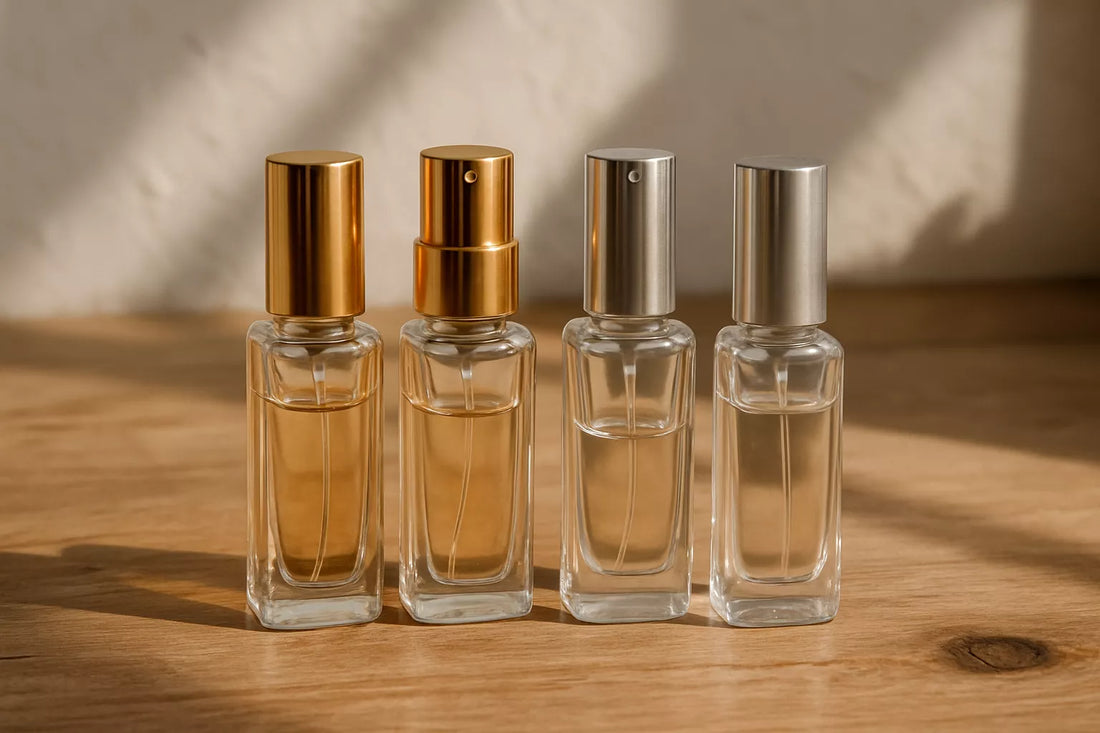 Kolekcja małych flakoników perfum travel size na eleganckim tle - praktyczne mini zapachy 2026