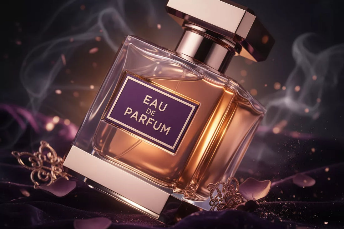Flakon Eau de Parfum w ciepłym bursztynowym świetle – ilustracja pojęcia EDP w perfumerii