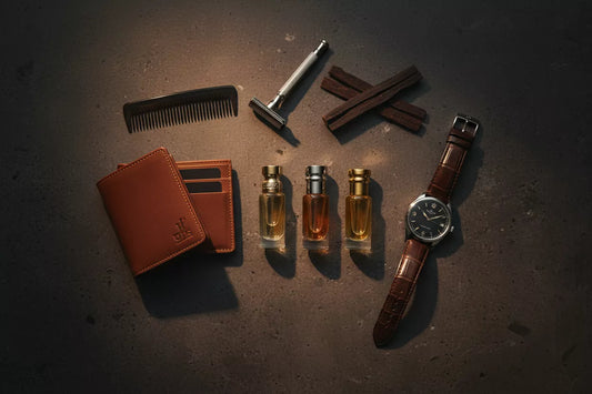 Ranking najtrwalszych odlewek perfum męskich 2026 – elegancki flat lay z flakonami, zegarkiem i portfelem