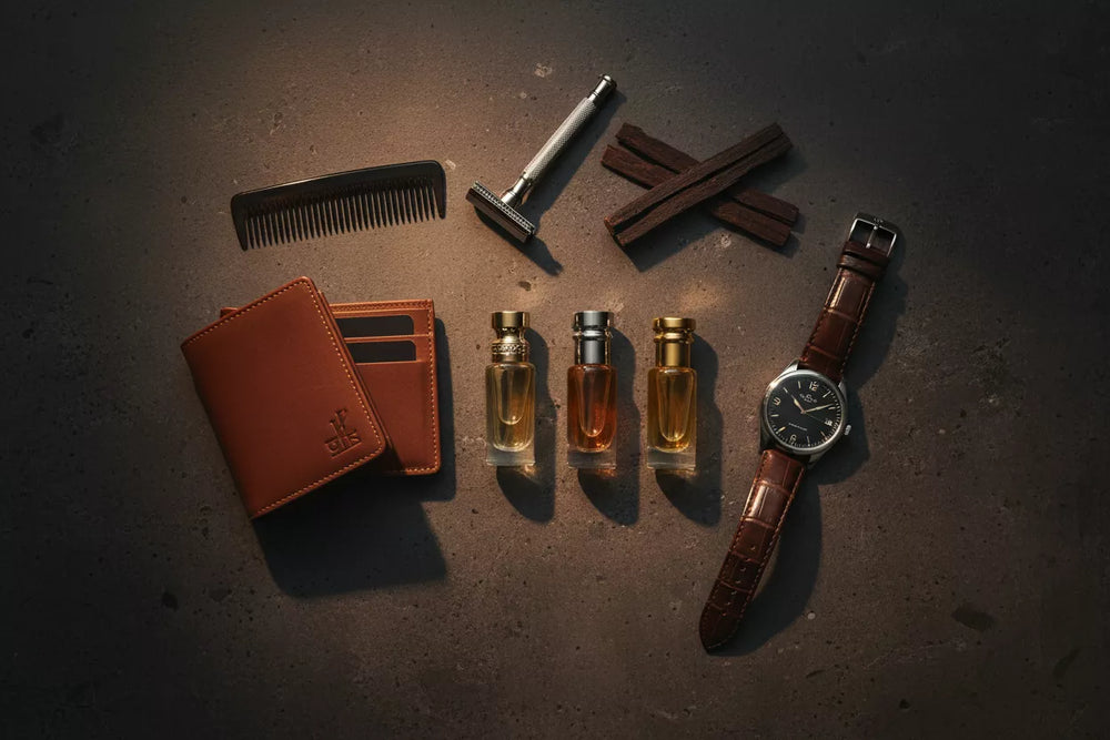 Ranking najtrwalszych odlewek perfum męskich 2026 – elegancki flat lay z flakonami, zegarkiem i portfelem