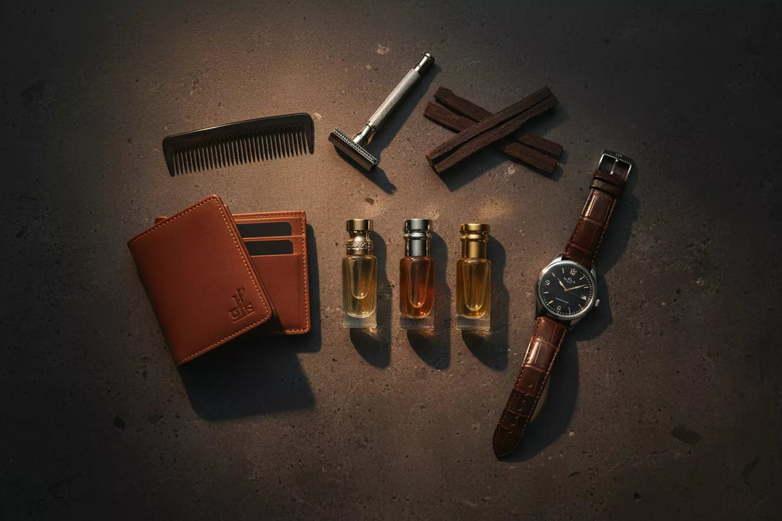 Ranking najtrwalszych odlewek perfum męskich 2026 – elegancki flat lay z flakonami, zegarkiem i portfelem