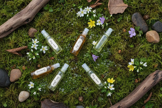 Perfumy na wiosnę 2026 – odlewki perfum na zielonym mchu wśród kolorowych polnych kwiatów