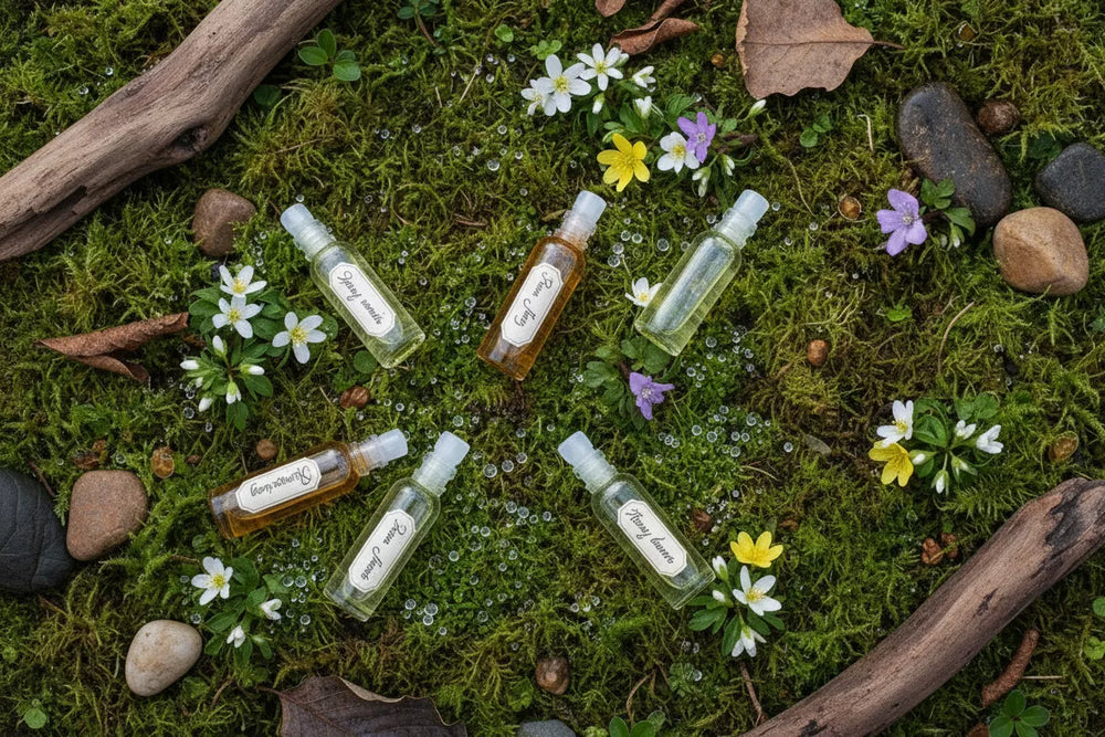 Perfumy na wiosnę 2026 – odlewki perfum na zielonym mchu wśród kolorowych polnych kwiatów