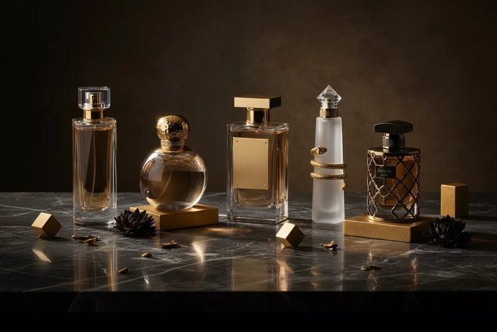 Kolekcja niszowych perfum na ciemnym marmurze – odlewki Mancera, Lalique, Tom Ford, Tiziana Terenzi i Gisada w Perfumesso