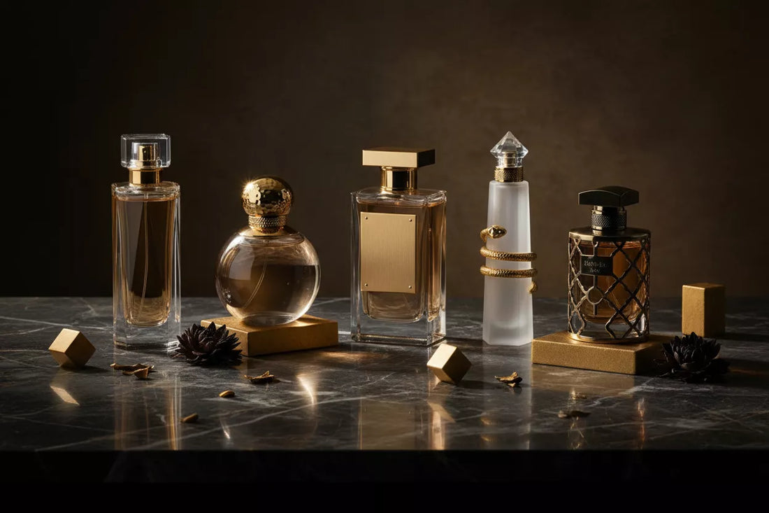 Kolekcja niszowych perfum na ciemnym marmurze – odlewki Mancera, Lalique, Tom Ford, Tiziana Terenzi i Gisada w Perfumesso