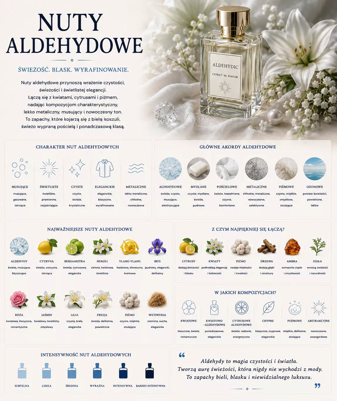 Aldehydowe perfumy – elegancka, musująca rodzina zapachowa z efektem mydła, białej koszuli i szampana