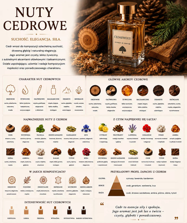 Cedr w perfumach – sucha, elegancka i wytrawna nuta drzewna kojarzona z ołówkiem i czystym drewnem