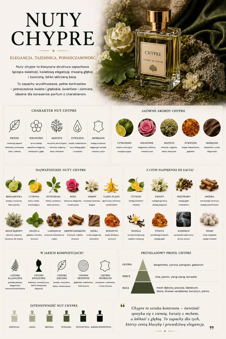 Chypre – elegancka, szyprowa rodzina zapachowa z bergamotką, mchem dębowym, labdanum i paczulą