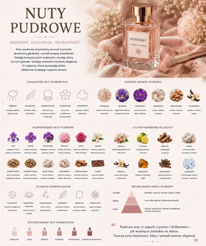 Pudrowe perfumy – miękka, kosmetyczna rodzina zapachowa z irysem, fiołkiem, heliotropem i piżmem