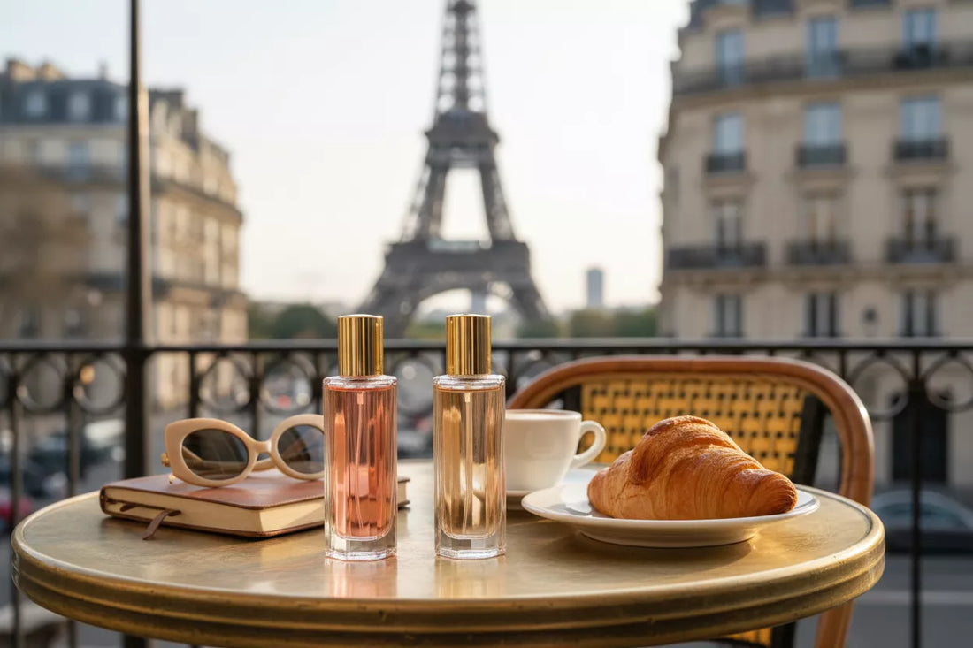 Odlewki perfum na stoliku paryskiej kawiarni z croissantem i kawą - eleganckie perfumy podróżne