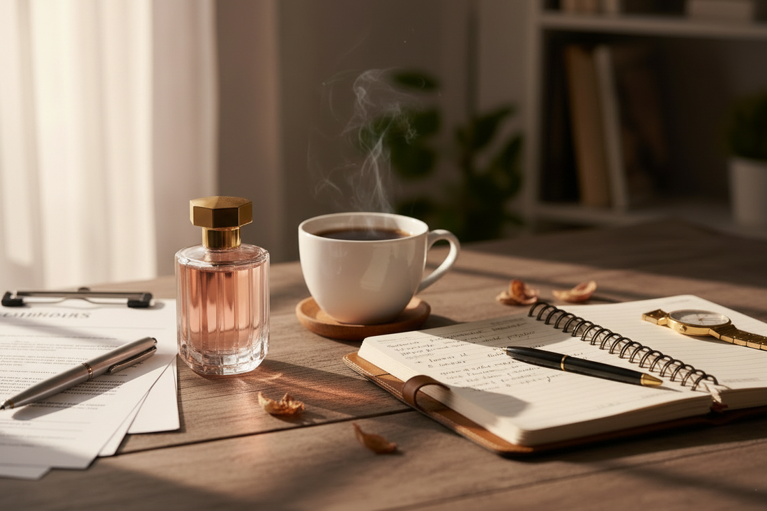 Perfumy do biura 2026 – elegancki flakon perfum obok kawy i plannera na nowoczesnym biurku