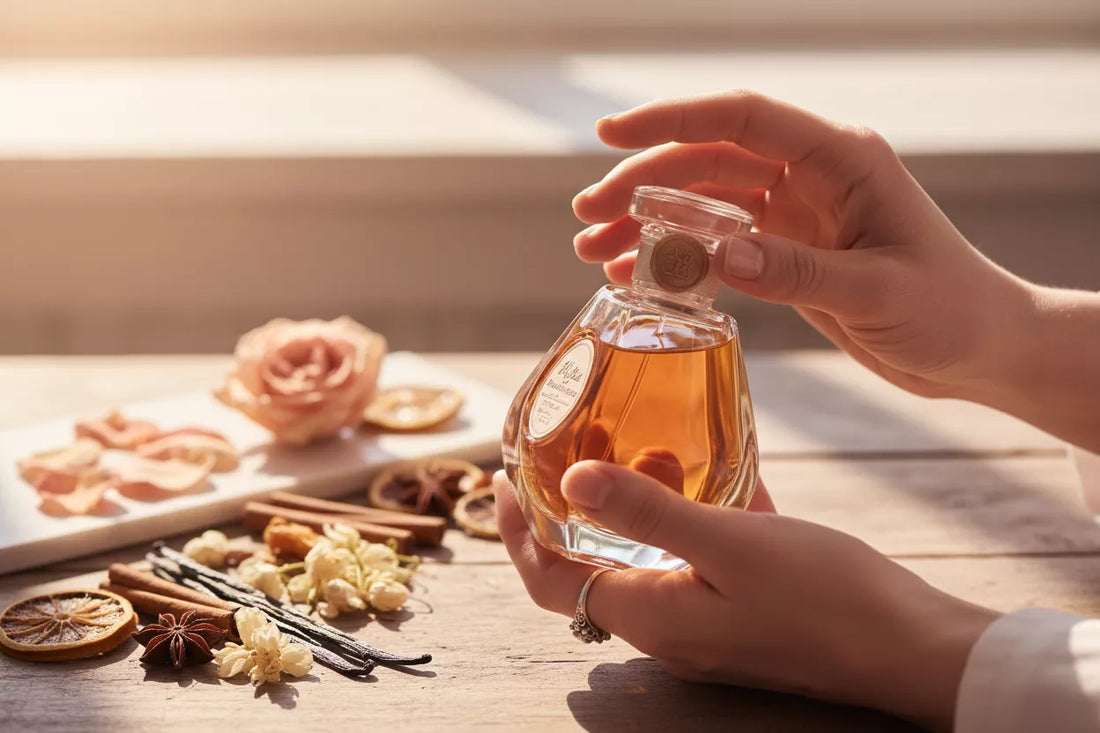 Perfumiarz trzymający unikatową butelkę perfum niszowych - artystańskie zapachy i rzadkie składniki perfumeryjne w tle