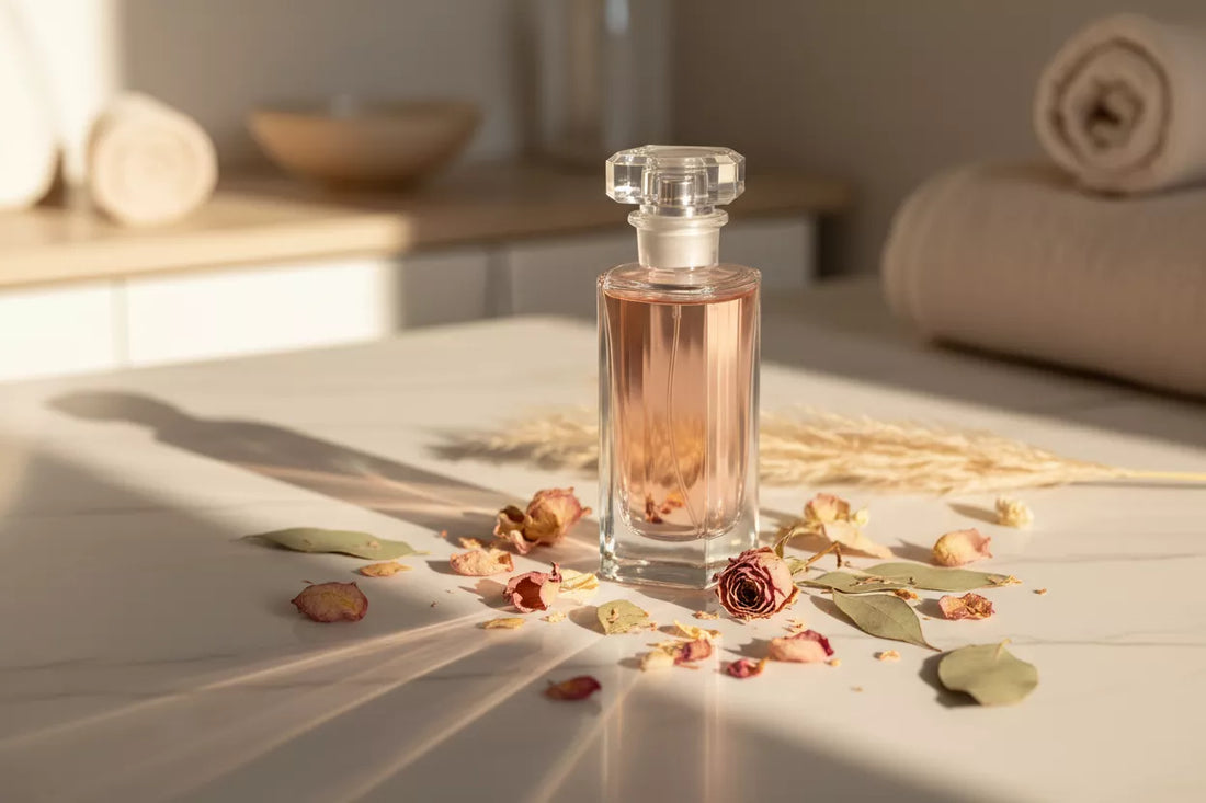 Perfumy a nastrój – elegancki flakon perfum na białym marmurze z suszonymi kwiatami i złotym światłem