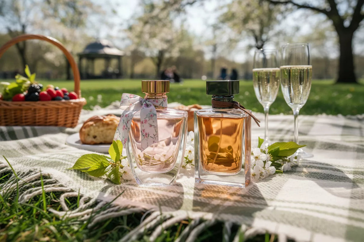 Perfumy na majówkę 2026 dla niej i dla niego – dwie butelki perfum na wiosennym pikniku w parku
