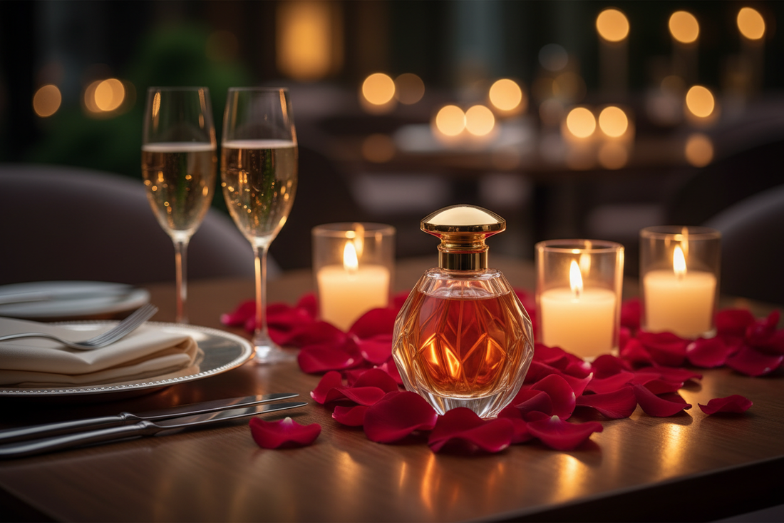 Perfumy na randkę 2026 – elegancka butelka na romantycznej kolacji przy świecach z płatkami róż