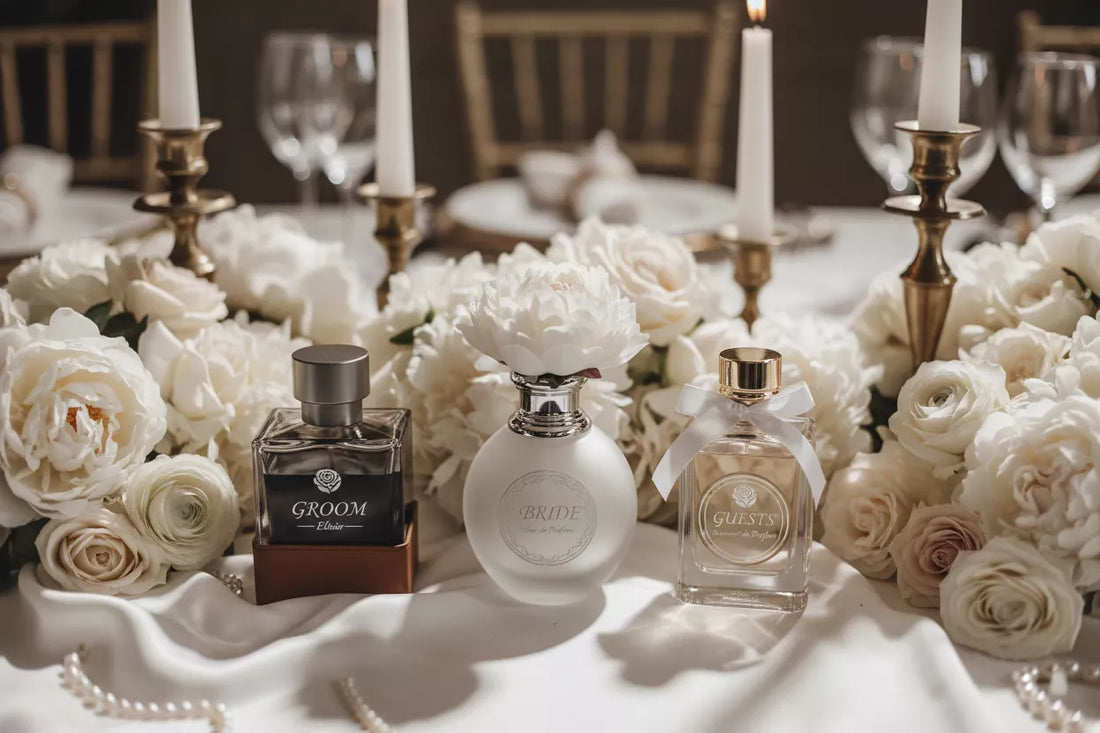 Perfumy na wesele 2026 – trzy butelki dla panny młodej, pana młodego i gości wśród białych piwonii i świec