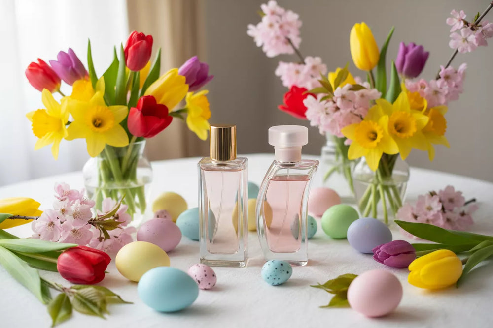 Perfumy na Wielkanoc 2026 dla niej i dla niego – dwie butelki wśród wiosennych kwiatów i kolorowych pisanek