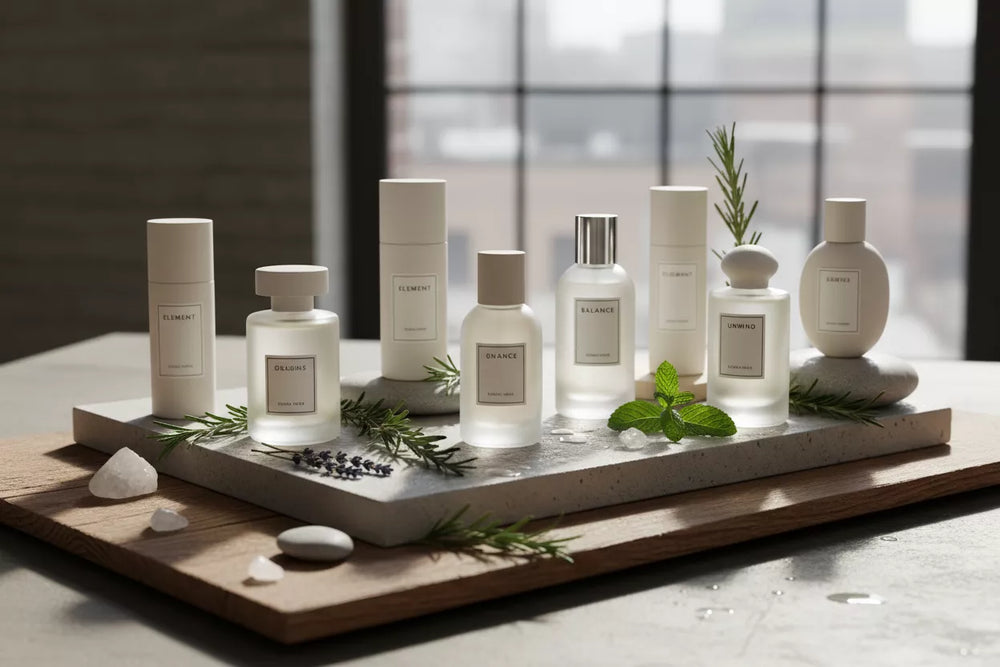 Kolekcja perfum unisex dla nastolatków – butelki zapachów na tle betonu i drewna z ziołami