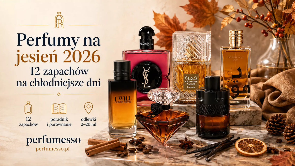 Perfumy na jesień 2026 – flakony perfum w ciepłej jesiennej aranżacji z wanilią, kawą, cynamonem i suszoną pomarańczą