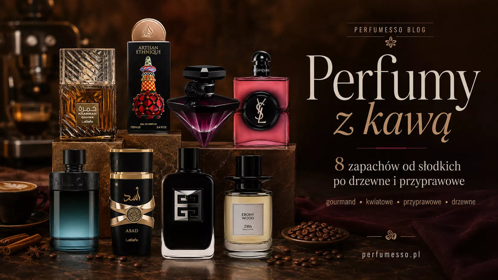 Perfumy z kawą – osiem flakonów w ciemnej kawowej aranżacji z ziarnami kawy, przyprawami i akcentami drewna