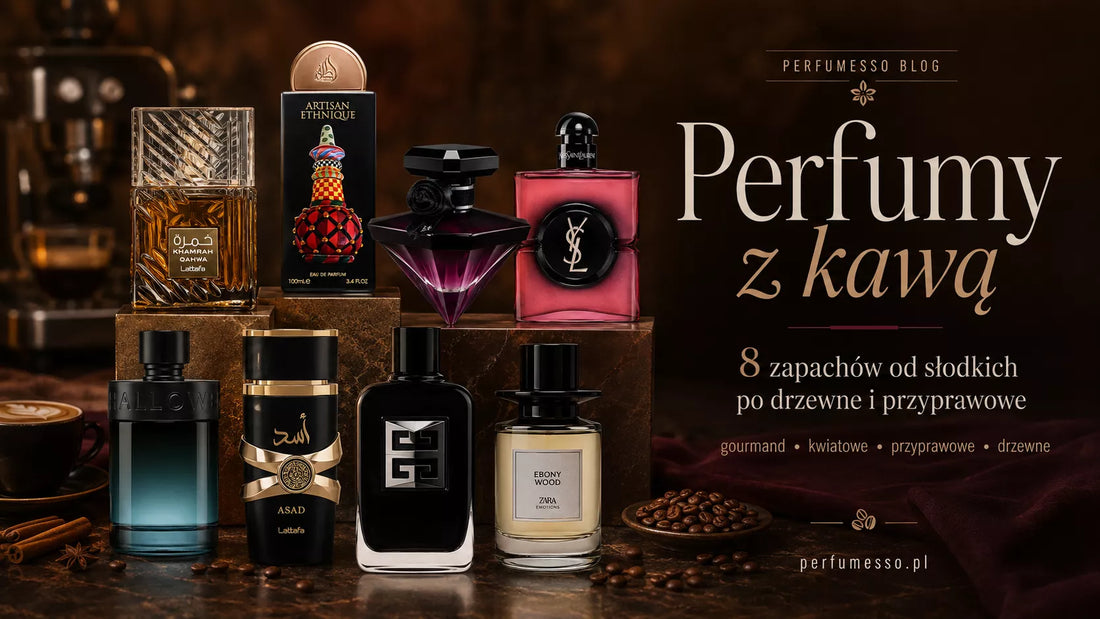 Perfumy z kawą – osiem flakonów w ciemnej kawowej aranżacji z ziarnami kawy, przyprawami i akcentami drewna