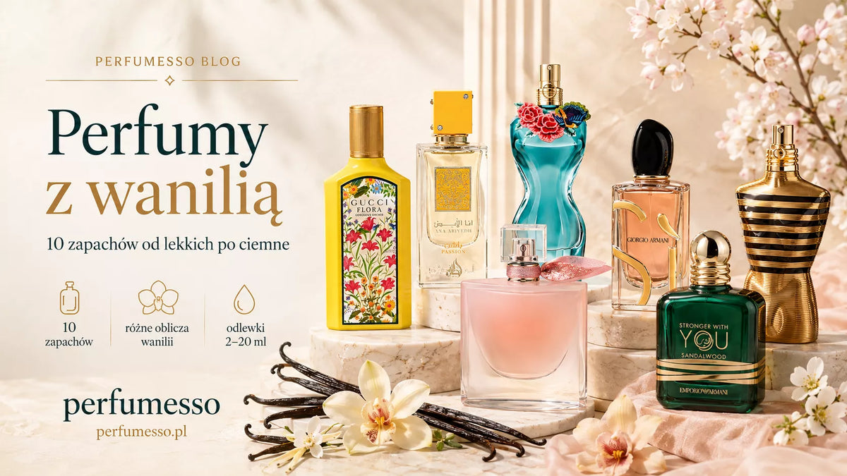 Perfumy z wanilią – flakony perfum w jasnej kremowo-kwiatowej aranżacji z laskami wanilii i odlewkami Perfumesso