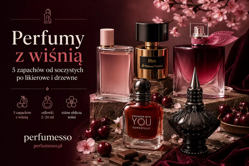 Perfumy z wiśnią – pięć flakonów w bordowej aranżacji z owocami wiśni, kwiatami i czekoladą, przedstawiających różne oblicza wiśniowych zapachów