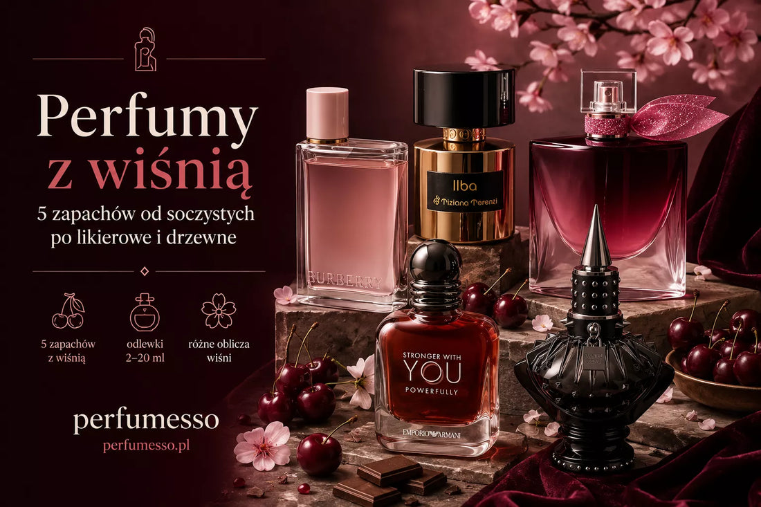 Perfumy z wiśnią – pięć flakonów w bordowej aranżacji z owocami wiśni, kwiatami i czekoladą, przedstawiających różne oblicza wiśniowych zapachów
