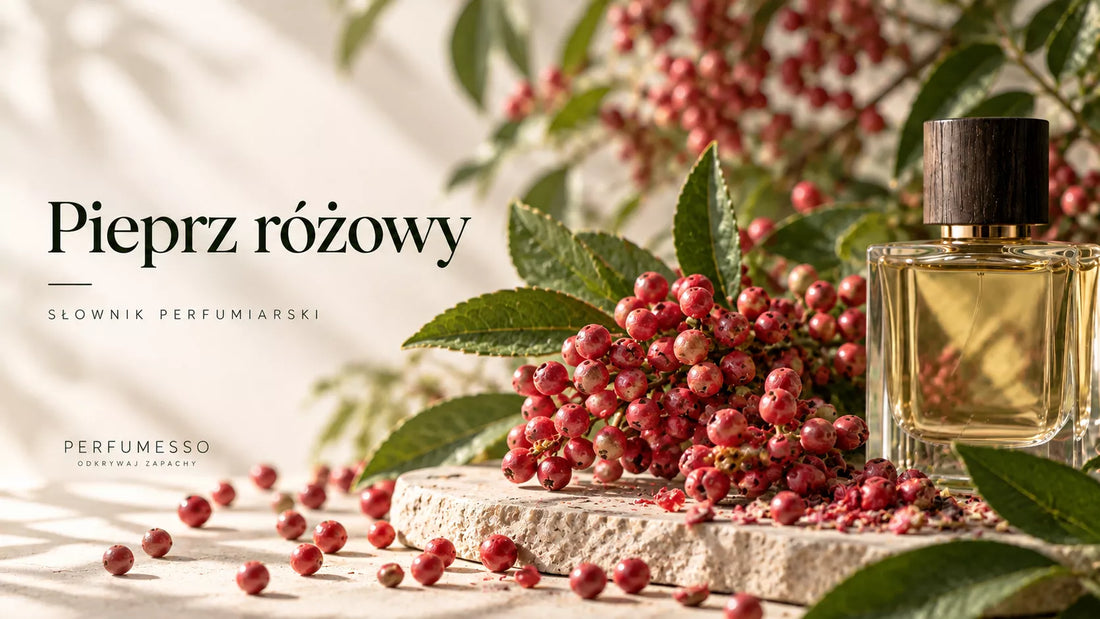 Pieprz różowy – czerwono-różowe owoce Schinus o świeżym, pieprznym i owocowym zapachu, składnik perfum