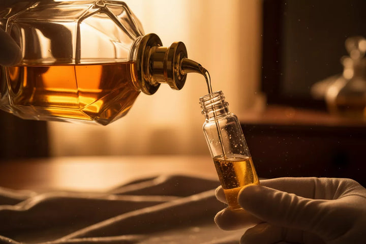 Przelewanie perfum z dużego flakonu do małego atomizera – proces dekantacji odlewki perfum