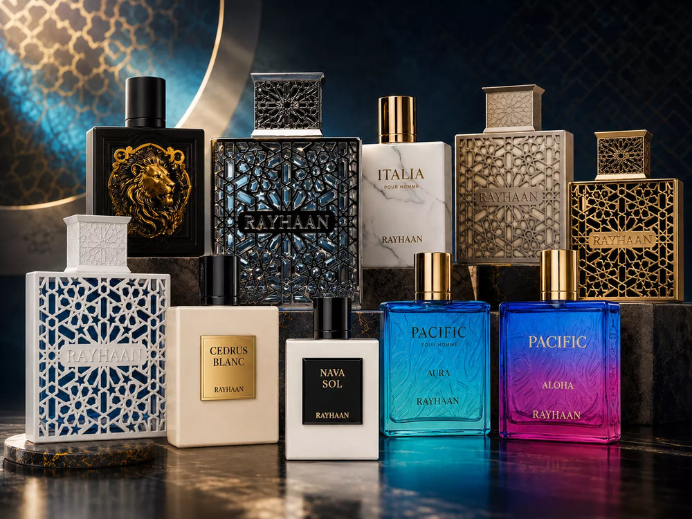 Perfumy Rayhaan – dziesięć flakonów marki w eleganckiej granatowo-złotej aranżacji, od świeżych po ciepłe i orientalne kompozycje