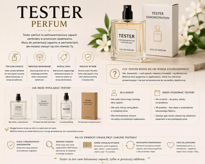 Tester perfum – pełnowartościowy zapach w prostszym opakowaniu, często bez korka lub pudełka