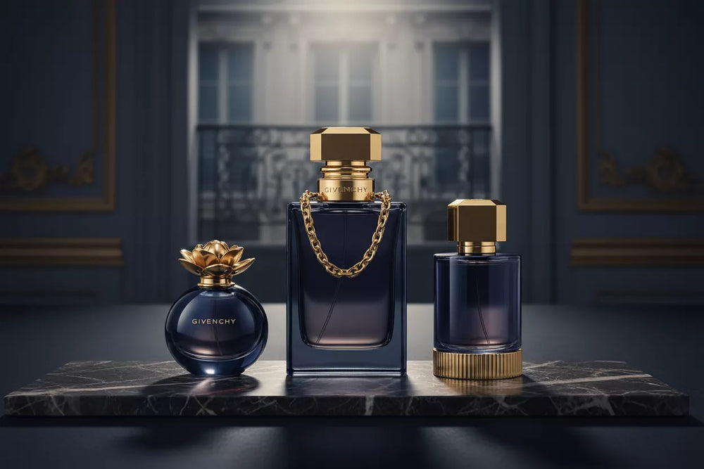 Trzy luksusowe flakony perfum Givenchy ułożone elegancko na ciemnym marmurze – Gentleman Réserve Privée, Society Ambréé i Society Extreme