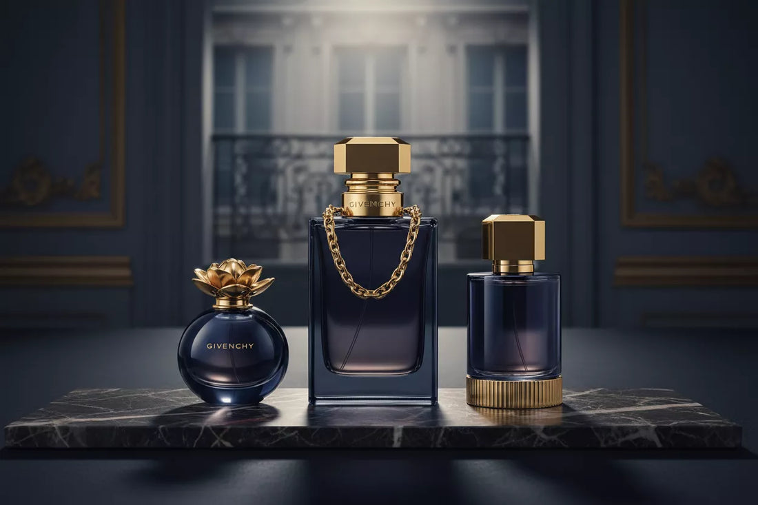Trzy luksusowe flakony perfum Givenchy ułożone elegancko na ciemnym marmurze – Gentleman Réserve Privée, Society Ambréé i Society Extreme